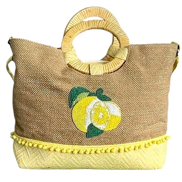 New America & Beyond Beaded Lemon Yellow Chevron Circular Wood Handle Tote NWT - Picture 2 of 11